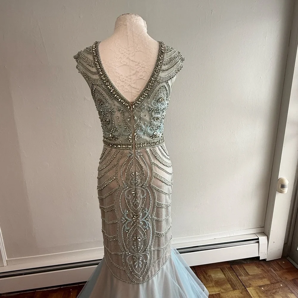 Terani Couture Beaded Illusion Bodice Mermaid Gown - Light Blue and Champagne - Picture 4 of 5